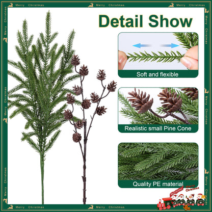 Artificial Christmas Norfolk Pine Stems Branches for Vases,12 Bundles Fake Pine Stems with 2 PCS Small Pinecones Branches Faux Evergreen Real Touch Greenery for Xmas Holiday Winter Table Indoor Decor