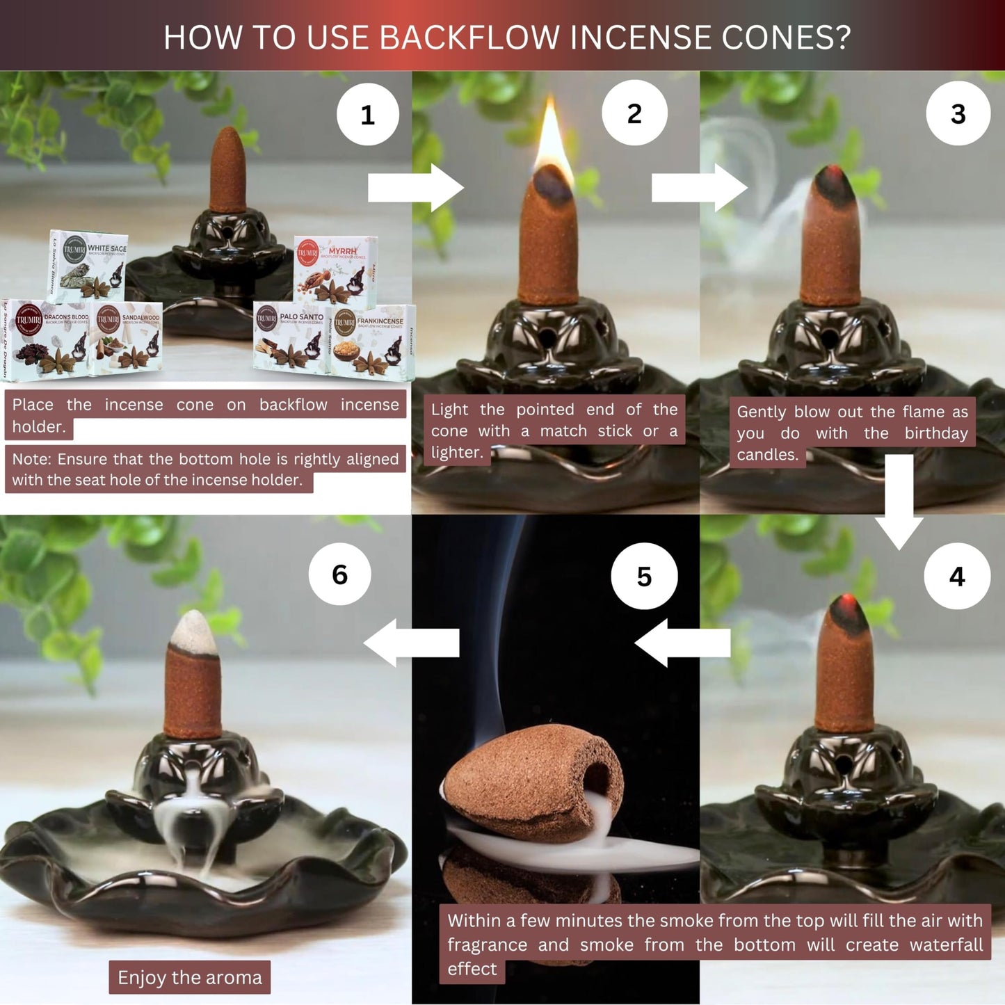 Woody - Backflow Incense Cones for Waterfall - Scented Inscents-Cones - Sandalwood, Dragons Blood, Palo Santo, White Sage - Insiensos Aromaticos - 6x10=60 Large Variety Pack - Back Flow Down Reverse