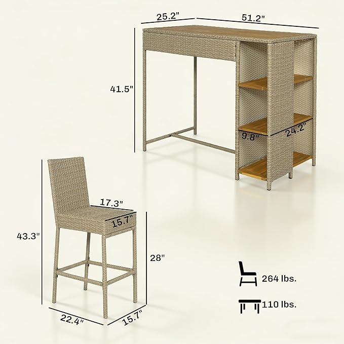 Outsunny 5 Piece Outdoor Bar Set, Wicker Outdoor High Top Table and Chairs