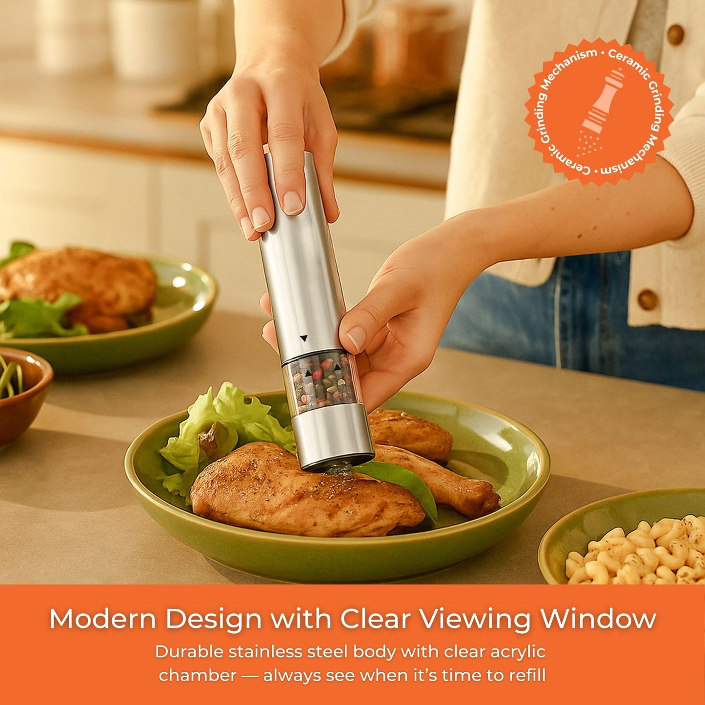 Innoteck Essentials Electric Salt and Pepper Mill Set - Battery-Operated Stainless-Steel Pepper Mill with Light - One Touch Operation - Salt & Pepper Mills - Adjustable Coarseness - Ceramic Grinder