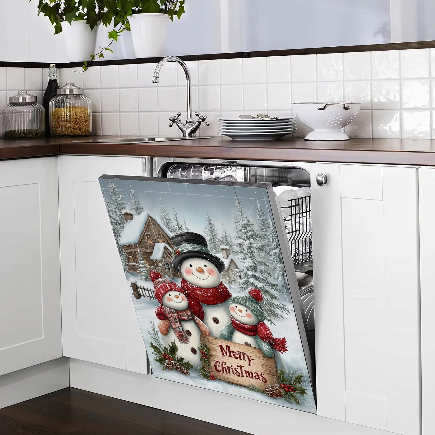 Merry Christmas Magnetic Dishwasher Cover,Washable Reusable Cute Snowmen Refrigerator Appliance Front Panel for Kitchen Decor,23 x 26 Inch