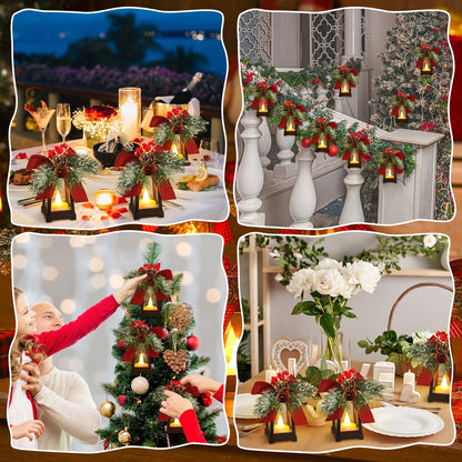Set of 6 Christmas Mini Decorative Lanterns with Flickering LED Flameless Candle Hanging Lantern Decoration Bulk with Buffalo Plaid Bow Battery Included for Xmas Party (Red Plaid Bow)