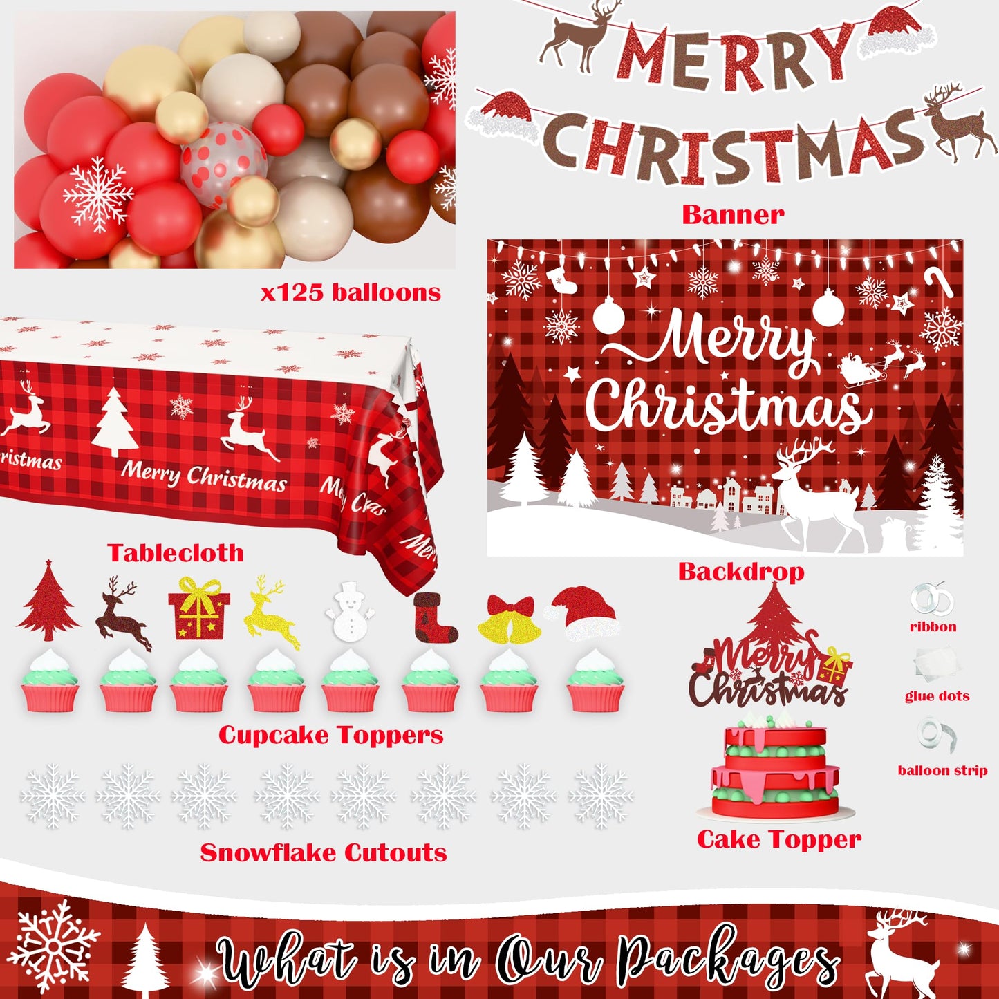 Merry Chirstmas Party Decorations, Christmas Decorations Set, Christmas Balloon Garland Banner Backdrop Tablecloth Toppers Snowflake Winter Santa Party Supplies for Indoor Outdoor Home Decor