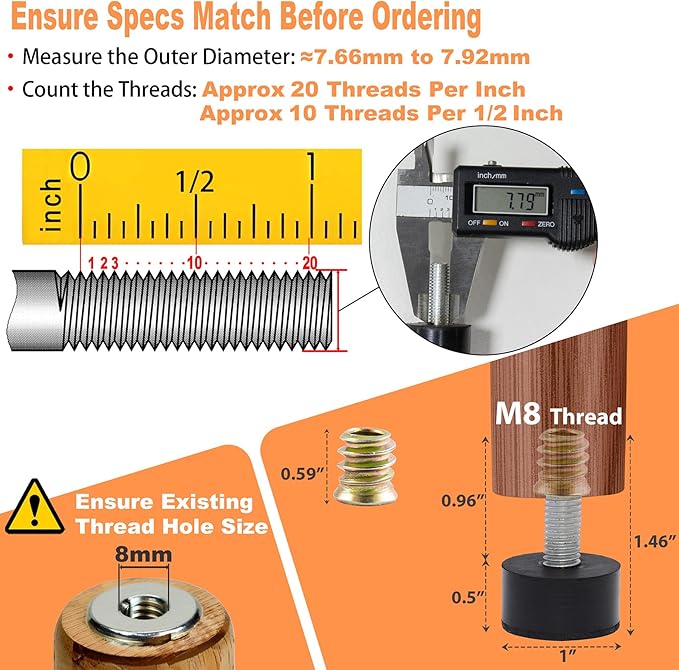 M8 Rubber Adjustable Furniture Leveler，8 Pack Leveling Feet Screws in Threaded