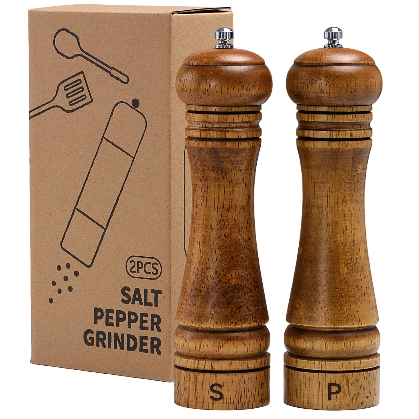 Wooden Salt and Pepper Grinder Set, Premium Oak Wood Salt Grinders Shakers, Manual Pepper Mill with S and P Engraving, Adjustable Ceramic Grinder for House Warming Cooking Gifts – 8 inches, 2 Pack