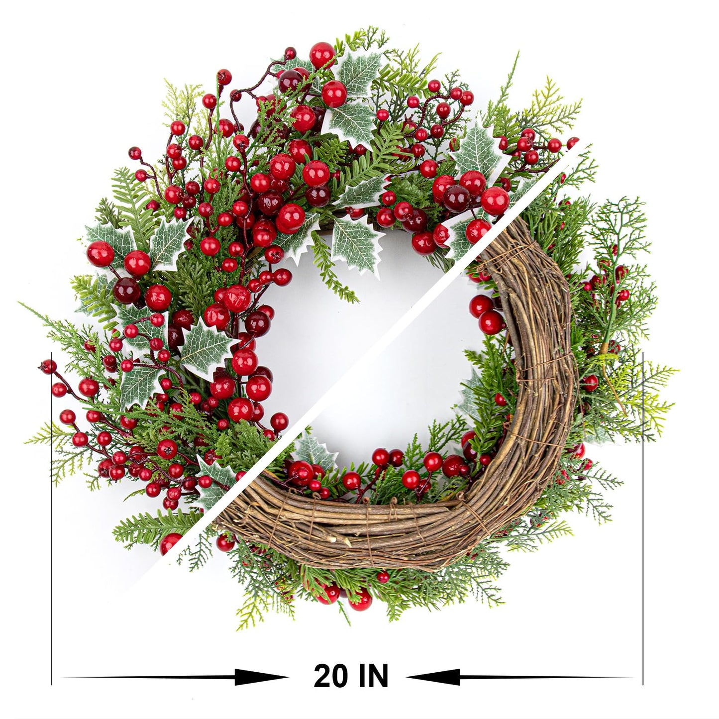 LLZLL Christmas Wreath for Front Door 20 Inch Indoor Christmas Wreaths Artificial Red Berry Wreath with Norfolk Pine and Holly Leaf for Holiday Celebrations