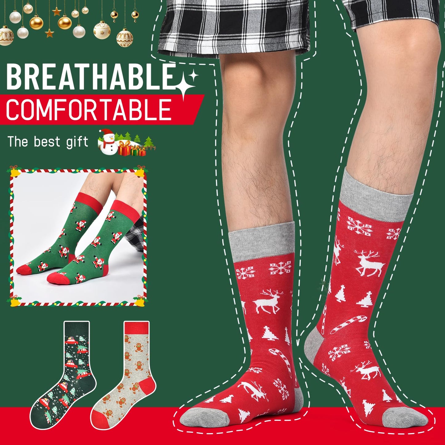 HSELL Mens Fun Patterned Dress Socks Funny Novelty Crazy Design Cotton Socks Gift for Men (4 Pairs - Christmas)