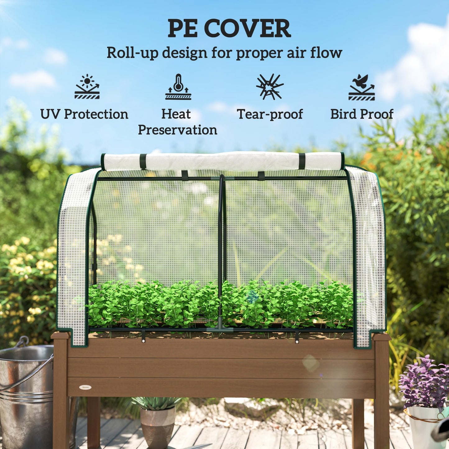 Outsunny Raised Garden Bed with PE Greenhouse Cover Outdoor Elevated Wood Planter Box for Herbs and Vegetables, Use for Patio, Backyard, Balcony, 48 x 22 x 46 inch, Brown