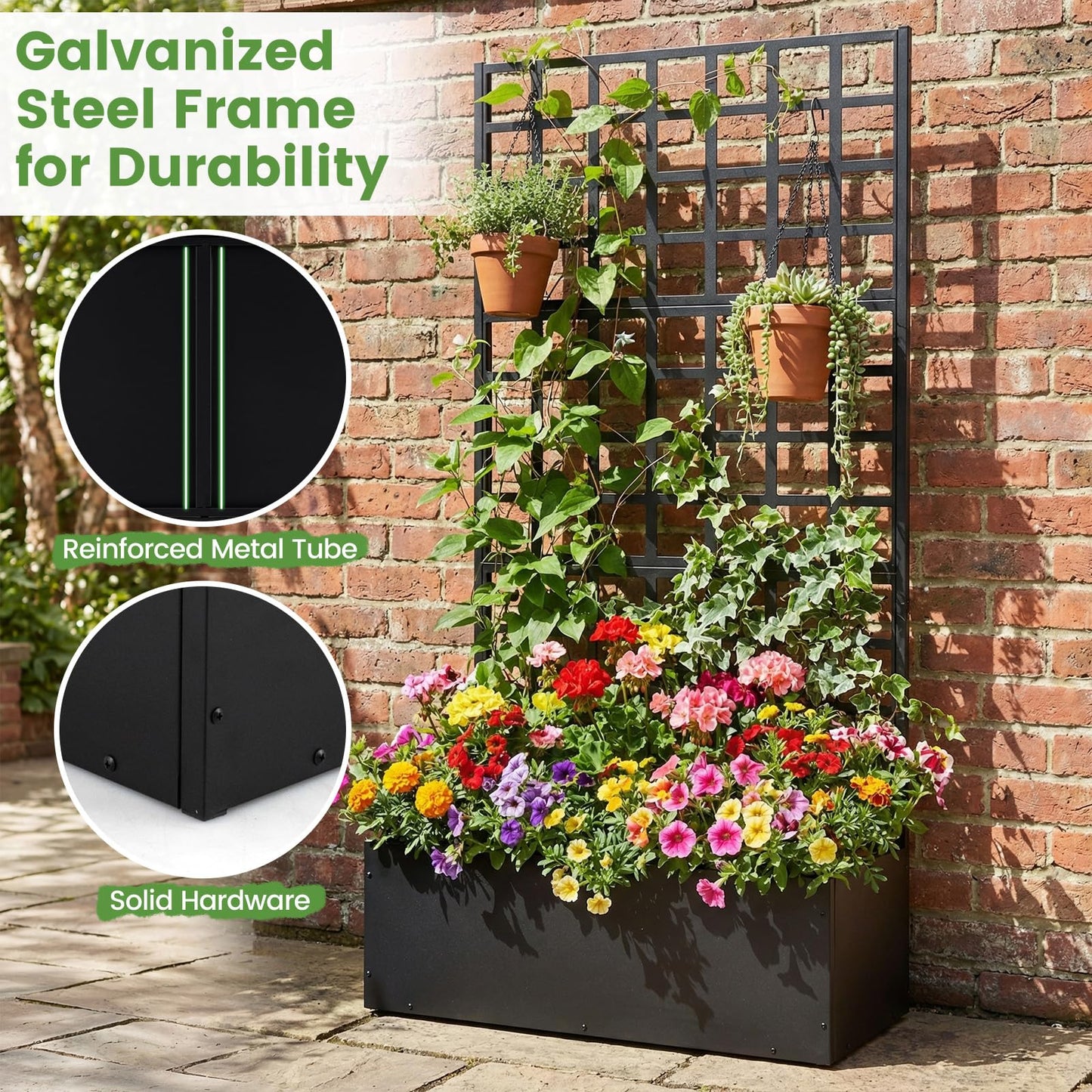 Giantex Metal Raised Garden Bed with Trellis, 36" x 16" x 77" Galvanized Planter Box w/Drainage Holes for Climbing Plants Vegetables Flowers, Outdoor Privacy Screen for Patio Backyard Balcony