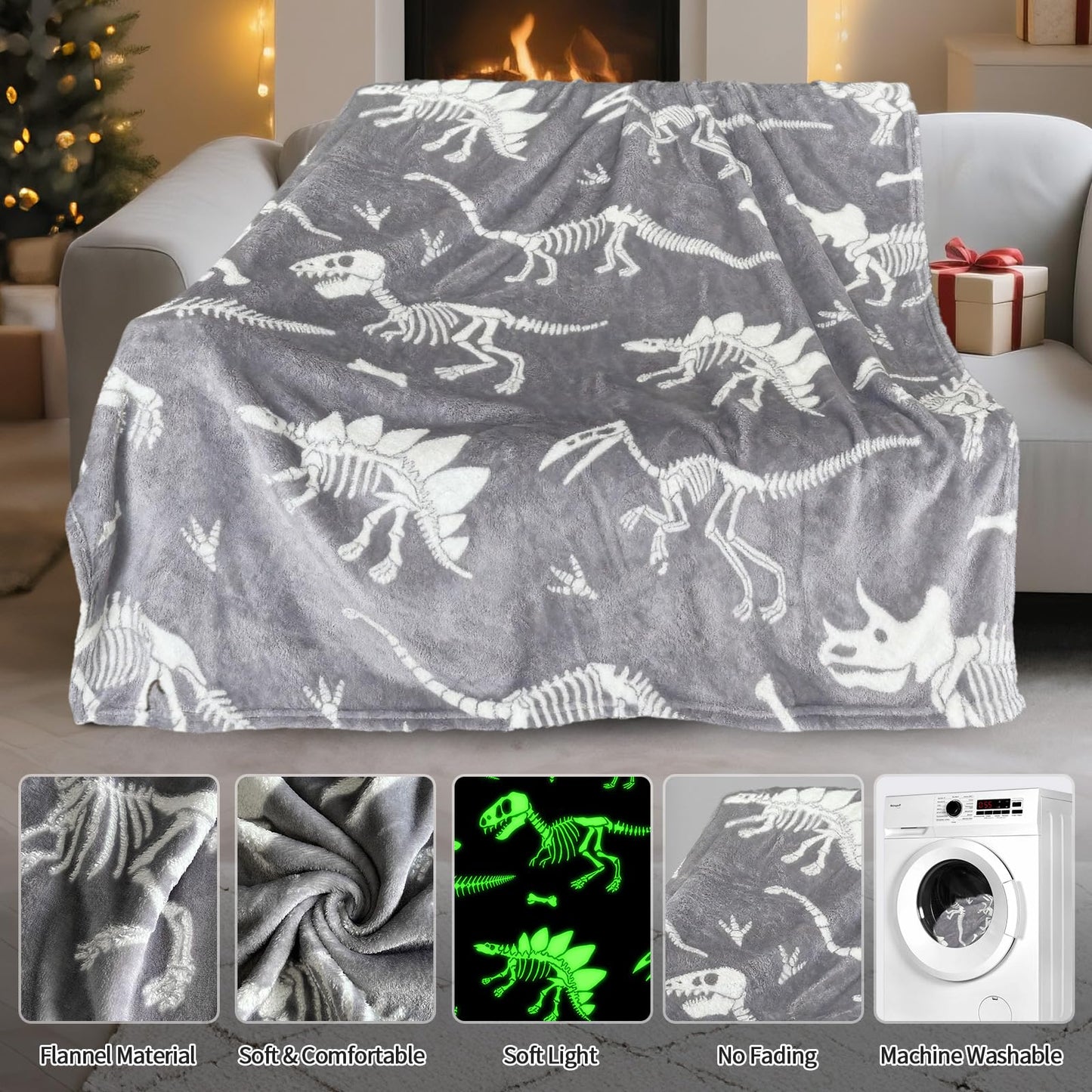 TEHALK Dinosaur Glow in The Dark Blanket for Boys/Girls/Toddler/Baby, Dinosaur Toys for Boy Age 3-12, Cute Funny Kids Throw Blanket for Birthday/Gifts 40"x 60"