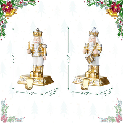 Glitzhome Nutcracker Christmas Stocking Holders, Set of 2 Gold and White Polyresin Mantel Hooks for Fireplace, Holiday Decor with Non-Slip Base
