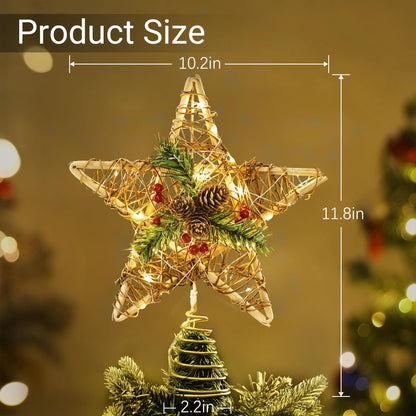 Brizled Christmas Tree Star, 10'' Rattan Christmas Tree Topper with 30 LED Lights, Battery Powered Xmas Treetop with Red Berries & Pine Cones, Xmas Tree Top Ornament for Christmas Tree Home Decor