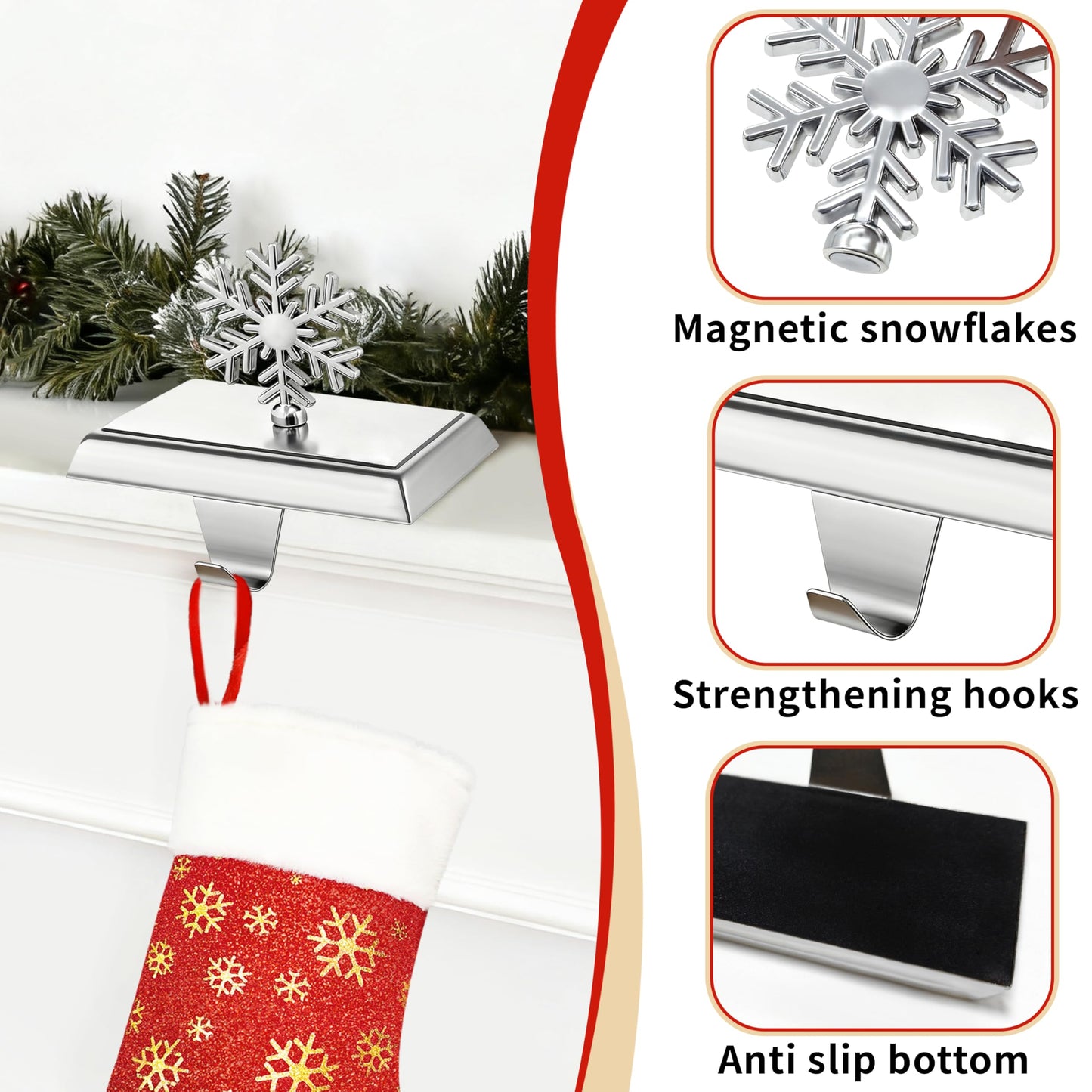 MNKXL Set of 4 Metal Christmas Stocking Holders for Mantle,Heavy Duty Weighted Stocking Holders for Mantle,Silver 3D Snowflake Stocking Holder for Tables Window Fireplace Christmas Decorations