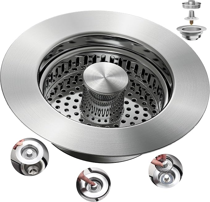 Sink Drain Strainer 3 in 1, 304 Stainless Steel Pop Up Sink Stopper,