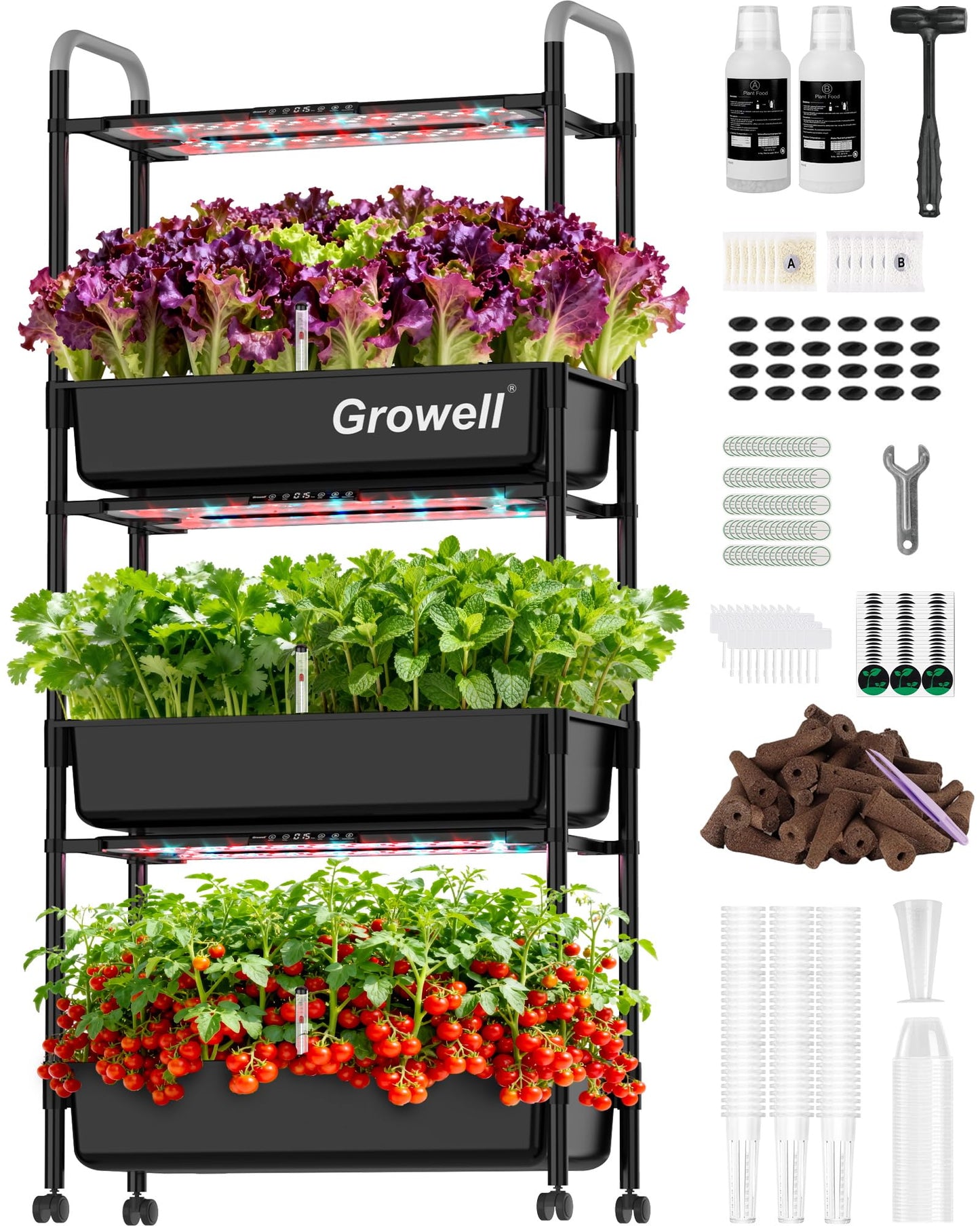 Growell Large Hydroponics Growing System Kit, Vertical Indoor Herb Garden Kit with LED Grow Light & Independent Water Pump, 42L Movable Indoor Planter Perfect Gardening Gifts (3 Tier-81 Pods, Black)