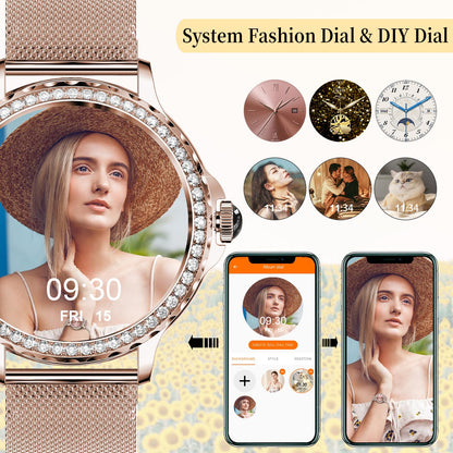 Smart Watches for Women (Answer/Make Call) with Diamonds, 1.3”HD Screen Bluetooth Smartwatch for Android iOS Phones, IP68 Waterproof Fitness Activity Trackers with Heart Rate/SpO2/BP/Sleep Monitor