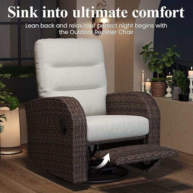 LayinSun Oversized Wicker Outdoor Swivel Glider Recliner with Adjustable Backrest & Footrest, Patio Reclining Lounge Chair