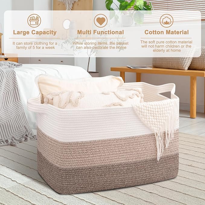 OIAHOMY Extra Large Blanket Basket, 110L Cotton Rope Woven Laundry Basket
