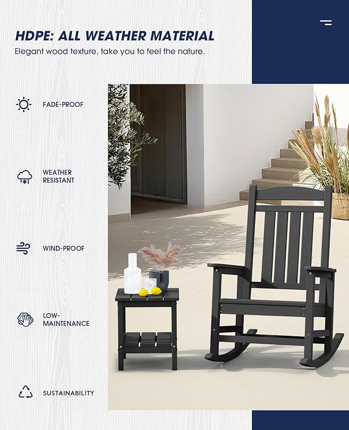 KINGYES Oversized HDPE Outdoor Rocking Chair Set of 2, Widened Seat Patio Rocking Chair, All Weather Patio Rocker, Black