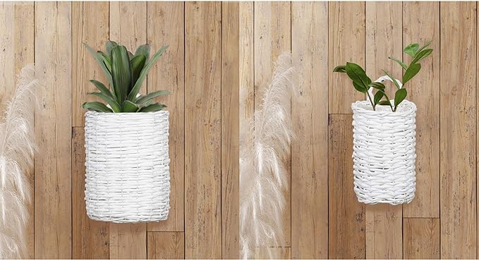 AuldHome Design Wall Hanging Baskets; Woven WIcker Rustic Farmhouse White