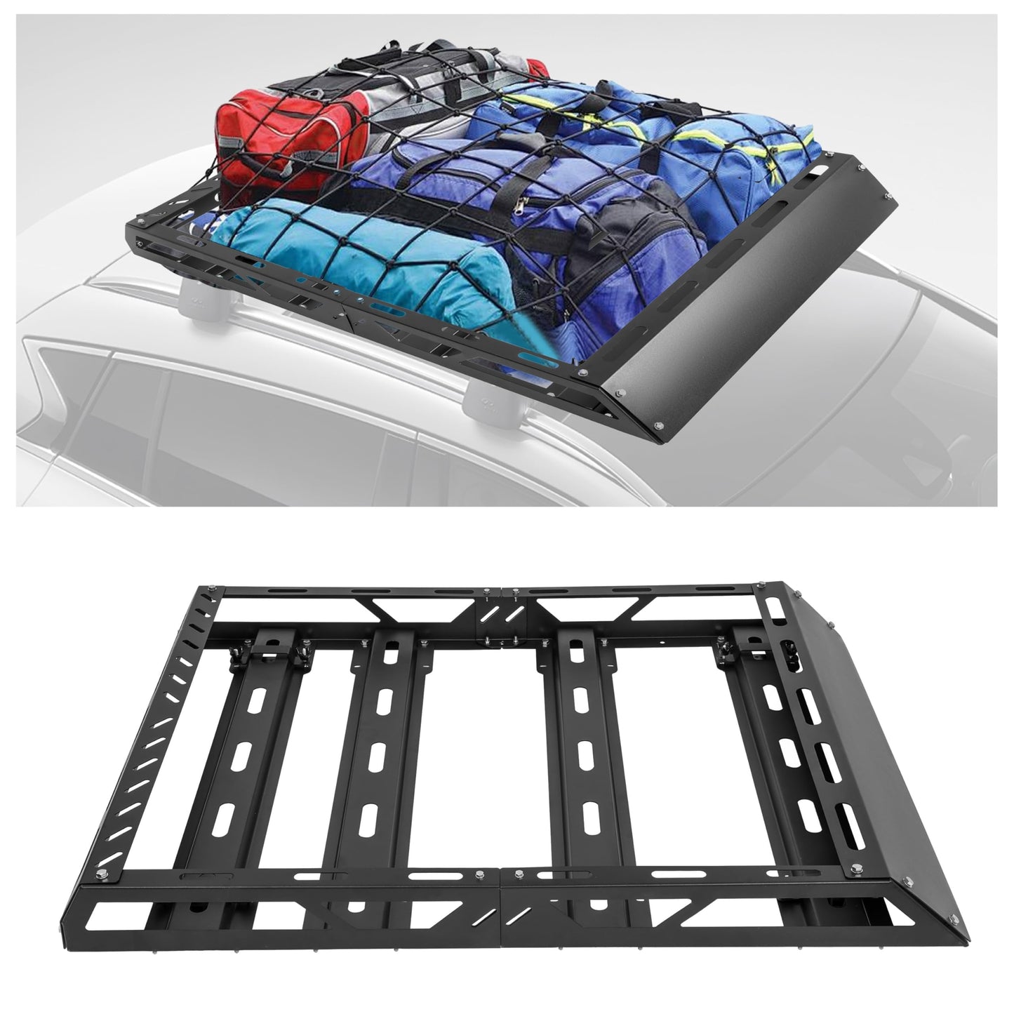 ECOTRIC 50" x 39" x 4.75" Roof Rack Cargo Basket W/Cross Bars Fit for Car SUV Pickup Truck Van Universal Top Cargo Carrier Metal Luggage Storage Holder Basket Rack for Travel 150Lbs Steel Black
