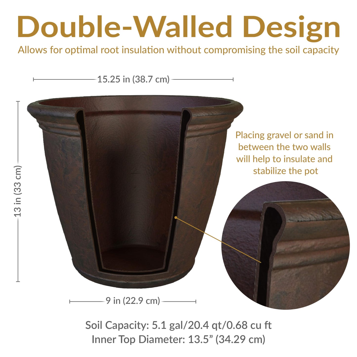 Sunnydaze 15.25-Inch Anjelica Large Plastic Pot for Plants - Outdoor Double-Walled Large Plastic Planter with Drillable Drainage Holes - Rust