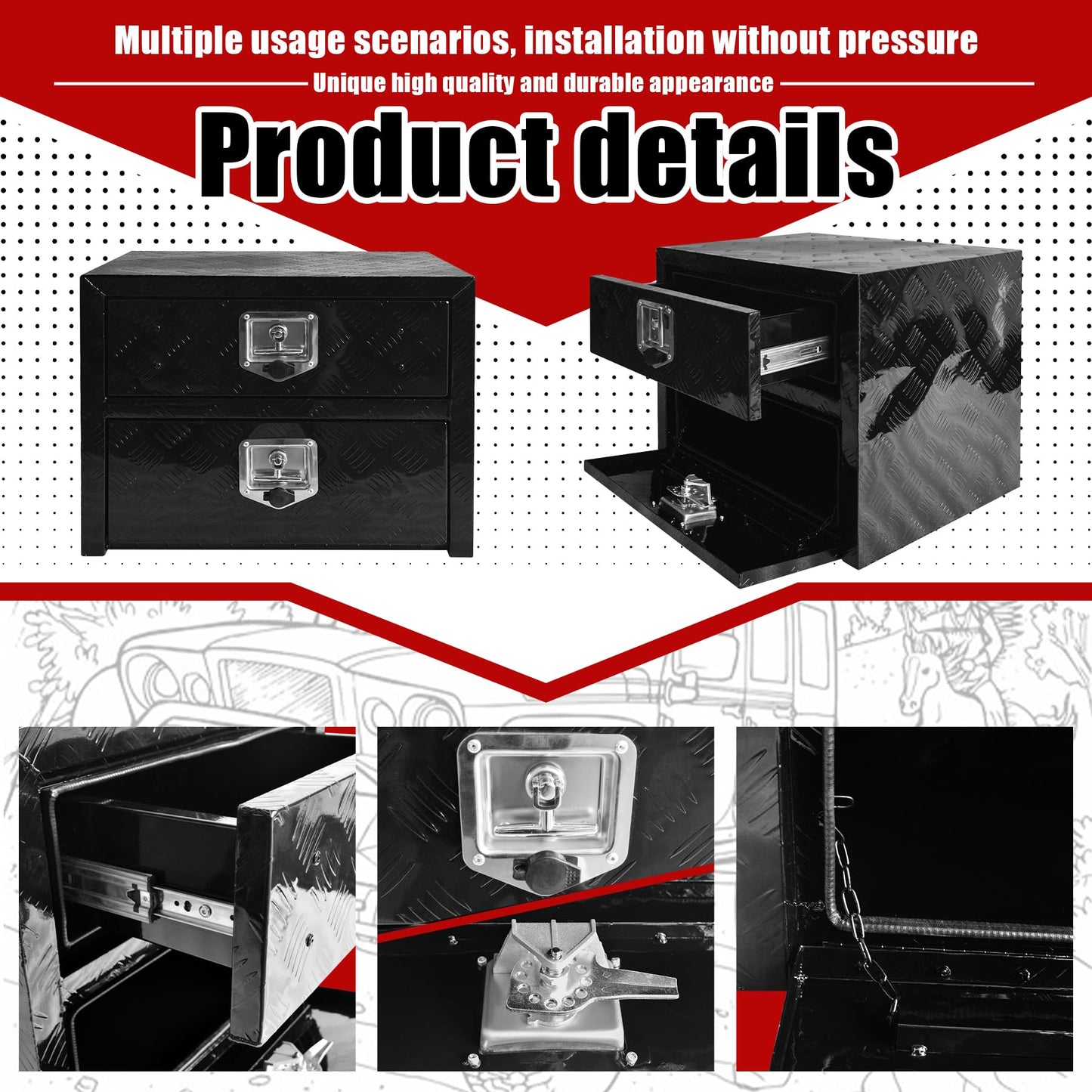 Underbody Truck Tool Box 36"x 18"x 20" Heavy Duty Double-Layer Aluminum Truck Bed Toolbox with Drawer and Lower Door Tools Storage Organizer with Lock and Keys Suitable for Truck Bed Pickup RV Trailer