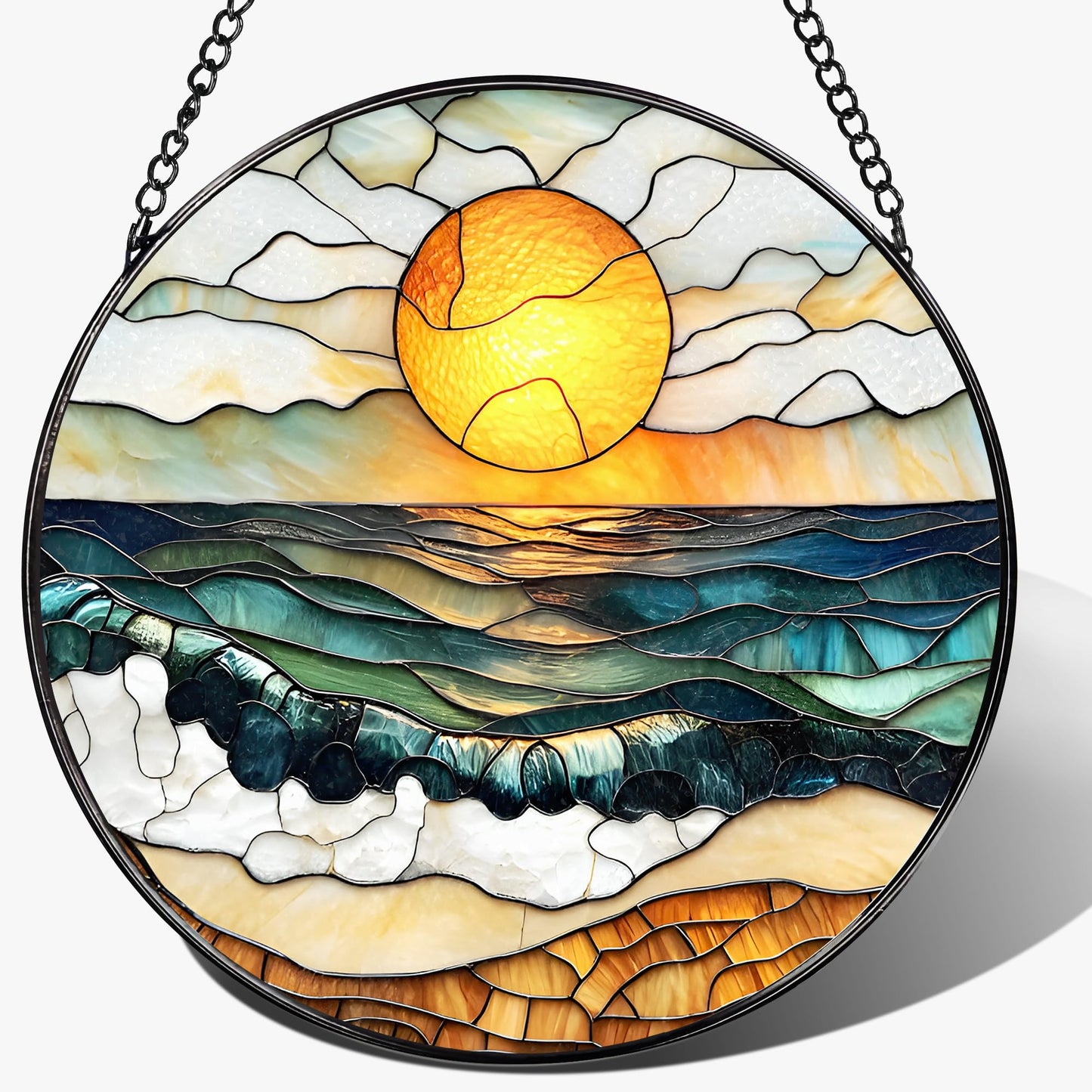 8-Inch Stained Glass Ornament, Stained Glass Window Hanging, Window Hanging Decor Suncatcher, Beach Sunset Ornament | Summer Vibes Gift | Gifts for Beach Lovers, Friend & Family