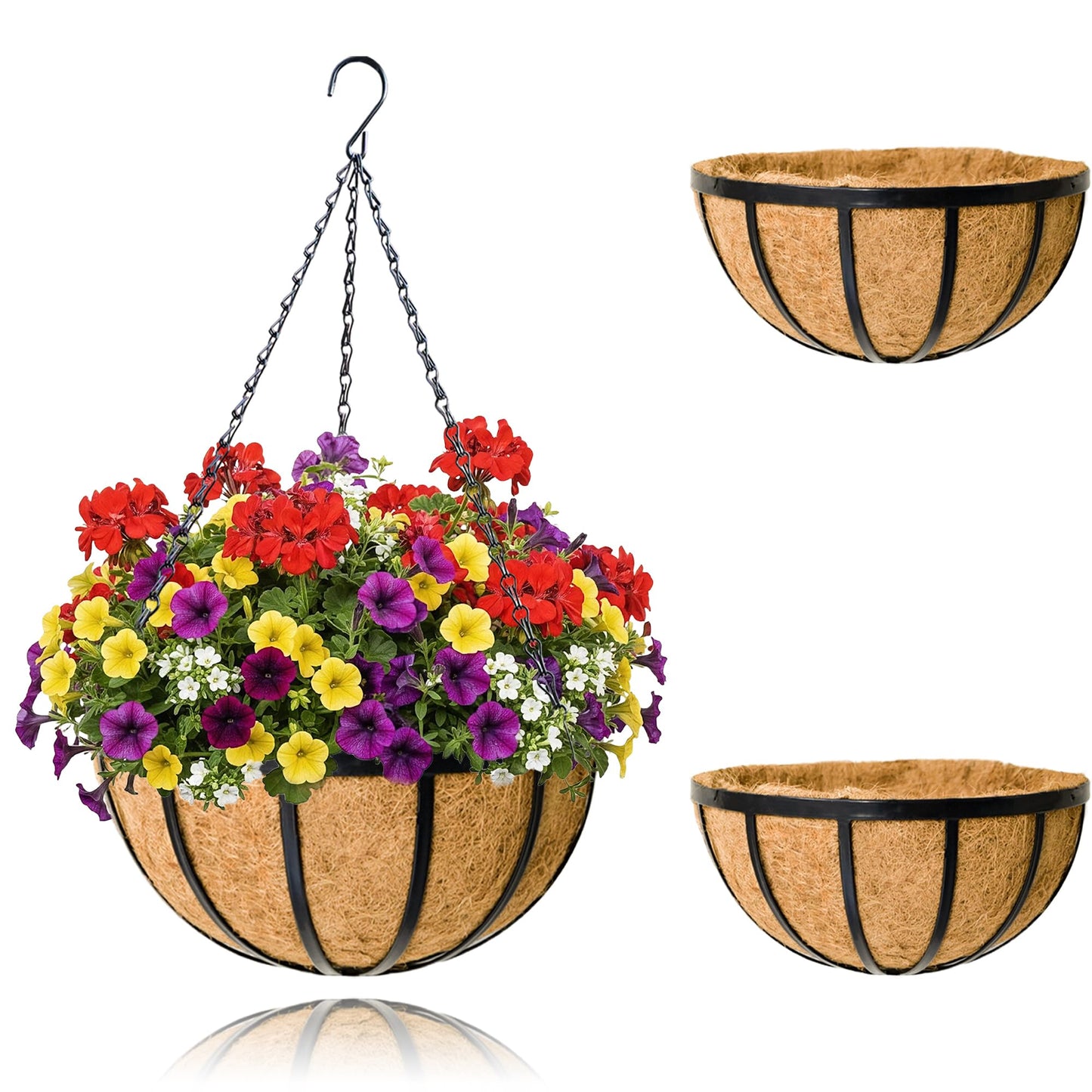 JFFLYIT 2 Pack 12 Inch Hanging Planters for Outdoor Plants Metal Hanging Planter Basket with Coco Coir Liner Round Plant Black Flat Iron Metal Flower Pots for Deck Patio Porch Garden Balcony