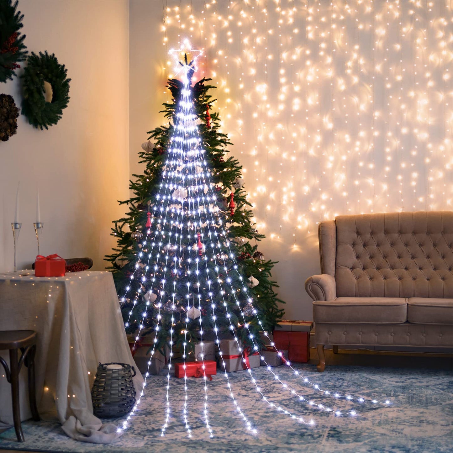Christmas Decorations Star String Lights, 344 LED Waterfall Tree Lights with 11" Topper Iron Star Christmas Lights Indoor Outdoor Decorative for Wedding Party Home Holiday Decor (Pure White)