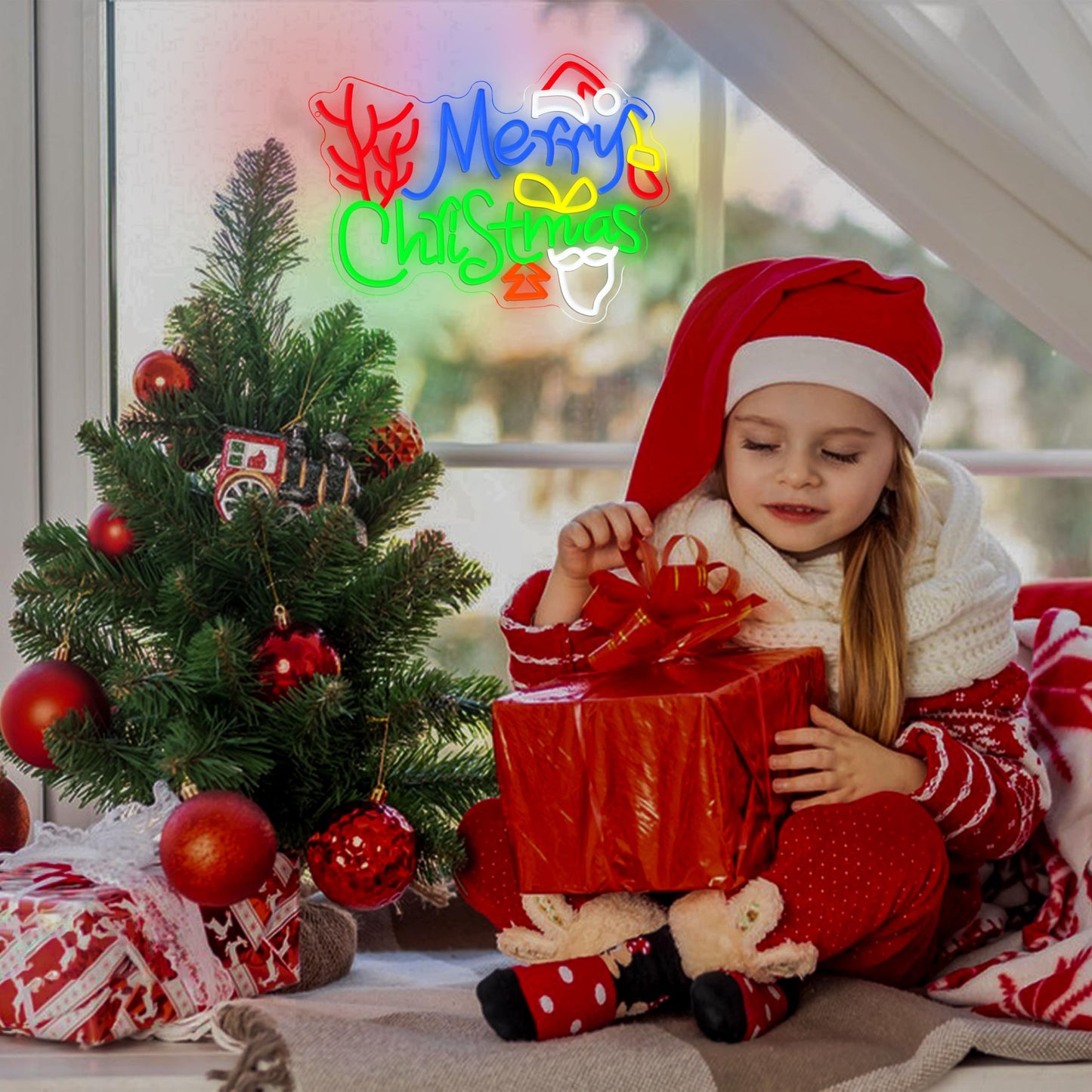 LISIGNVE Merry Christmas Neon Sign with Santa Hat Dimmable USB Powered Led Christmas Tree Stocking Light UP Sign for Home Bar Window New Year Party(16.5 * 12.4 In)