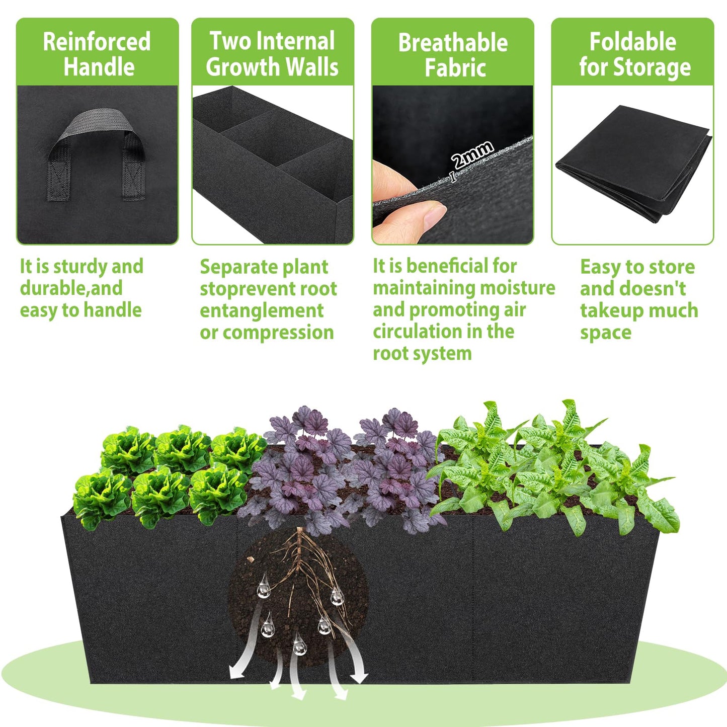 RGJ 3 Pack Fabric Raised Garden Bed, 22 Gallon 3x1x1 FT Garden Growing Bags with Handle, 3 Grids Breathable Garden Grow Bed Bag Grow Planter Bags Plant Bed for Planting Vegetables, Flowers and Herbs