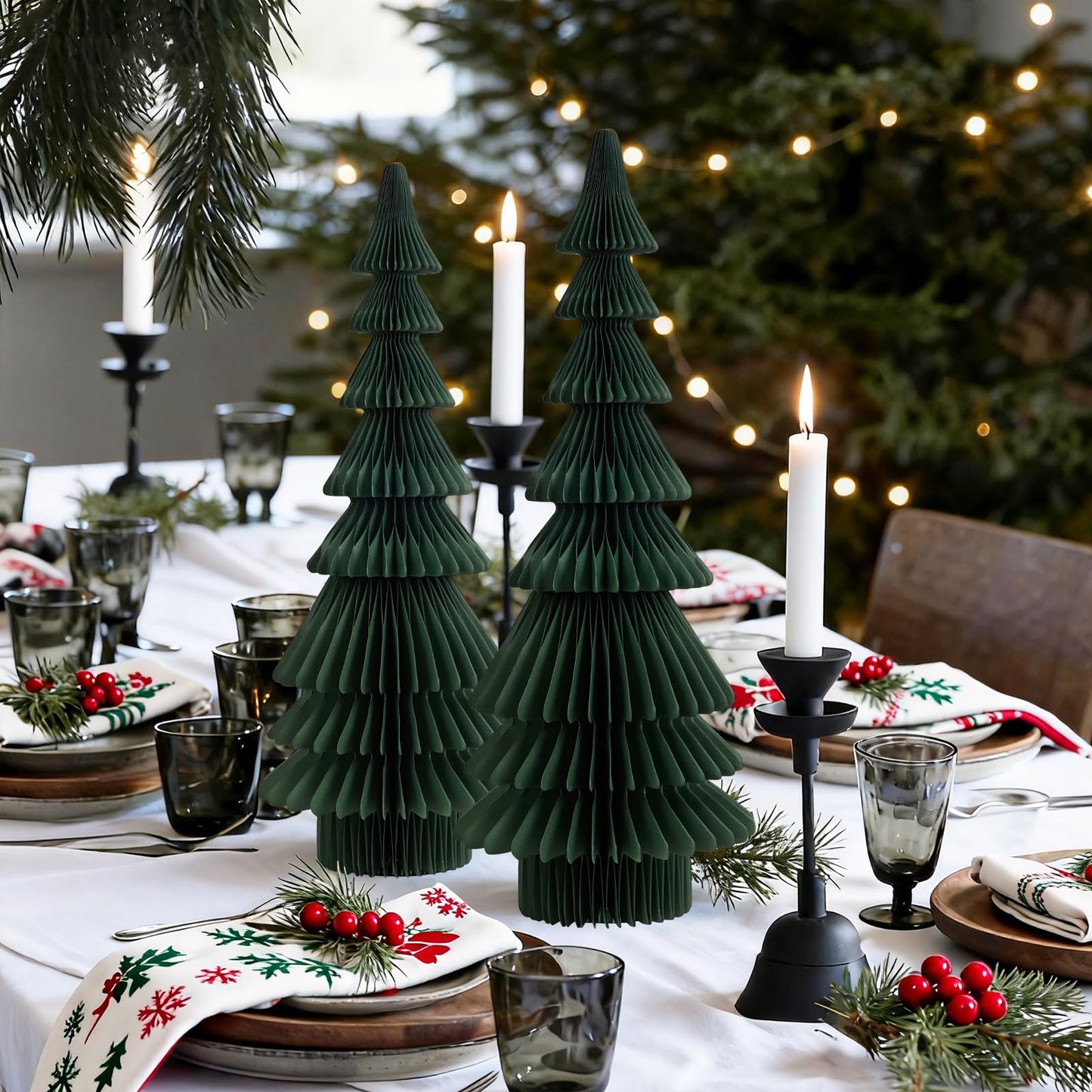 OBBOLO 20 Inch Green Paper Christmas Tree, 2 Pcs Foldable Honeycomb Tabletop Christmas Decorations with Magnetic Closure, Reusable Paper Trees for Holiday Table Centerpieces and Mantel