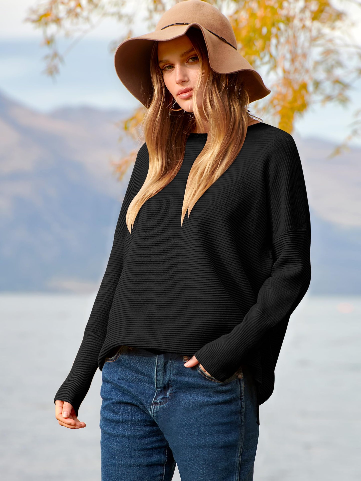 ANRABESS Womens Oversized Batwing Long Sleeve Ribbed Knit Sweaters 2025 Fall Outfits