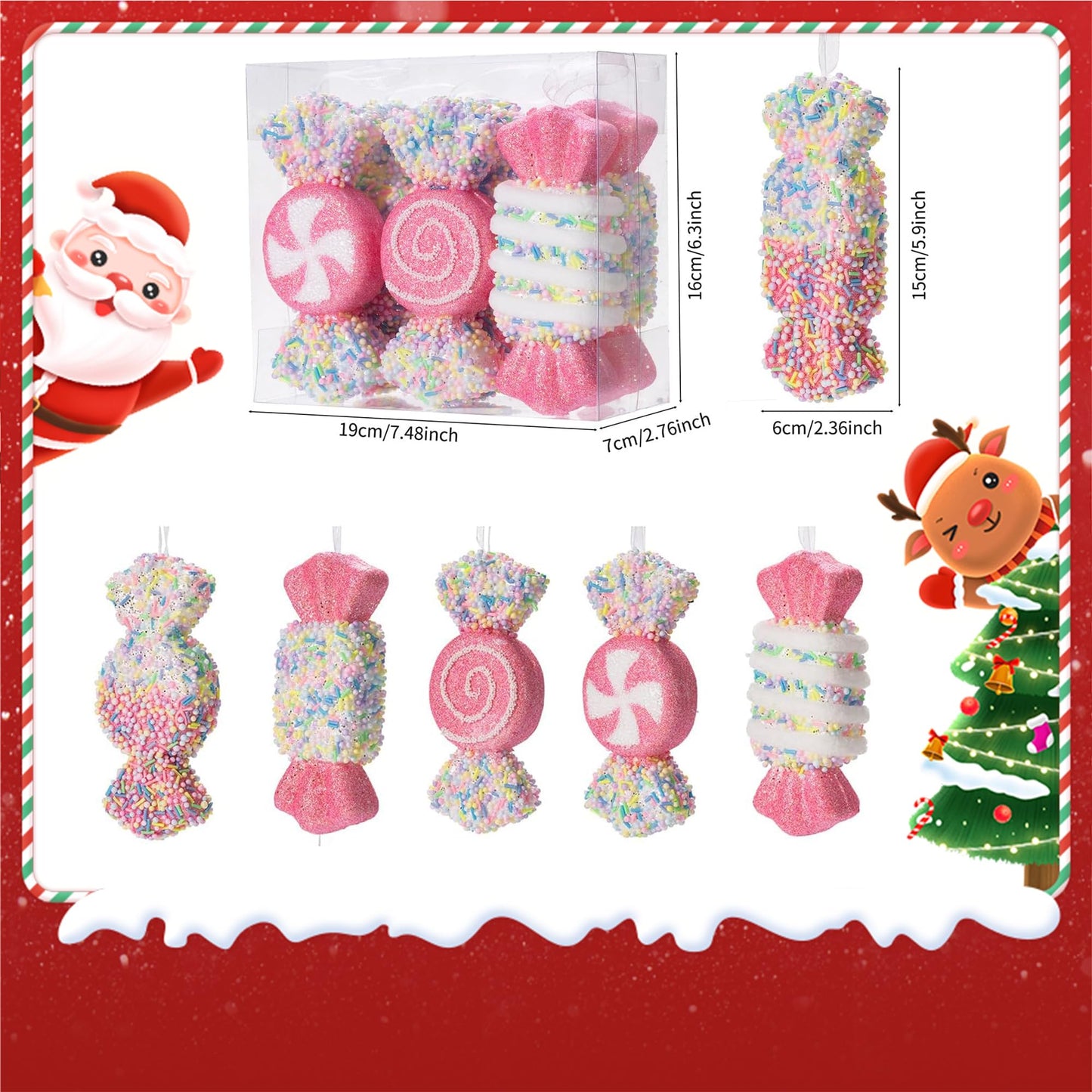 6Pcs 5.9inch Christmas Candy Ornaments Decoration,Hanging Candy Cane Crafts for Xmas Tree Décor,Ideal for Xmas, New Year, Birthdays, Weddings & Home Parties
