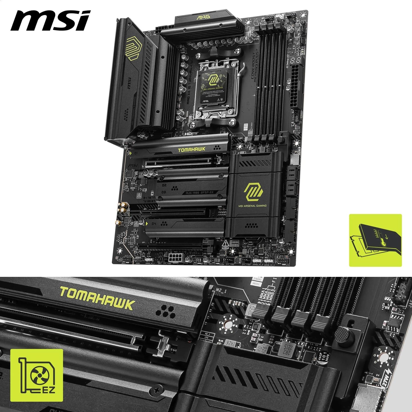 MSI MAG X870 TOMAHAWK WIFI Motherboard, ATX - Supports AMD Ryzen 9000 / 8000 / 7000 Processors, AM5 - 80A SPS VRM, DDR5 Memory Boost 8400+MT/s (OC), PCIe 5.0 x16 & 4.0 x16, M.2 Gen5, Wi-Fi 7, 5G LAN