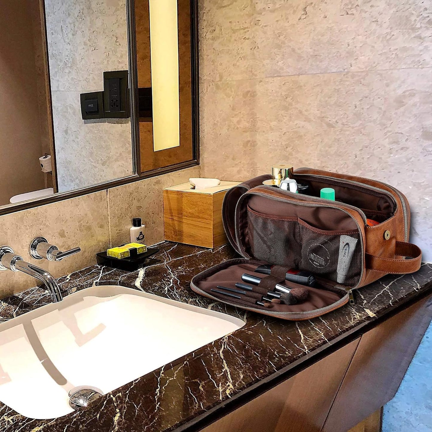 Elviros Water-Resistant PU Leather Toiletry Bag for Men Large Travel Wash Bag Shaving Dopp Kit Bathroom Gym Toiletries Makeup Organizer with Wet Dry Compartment (Brown)