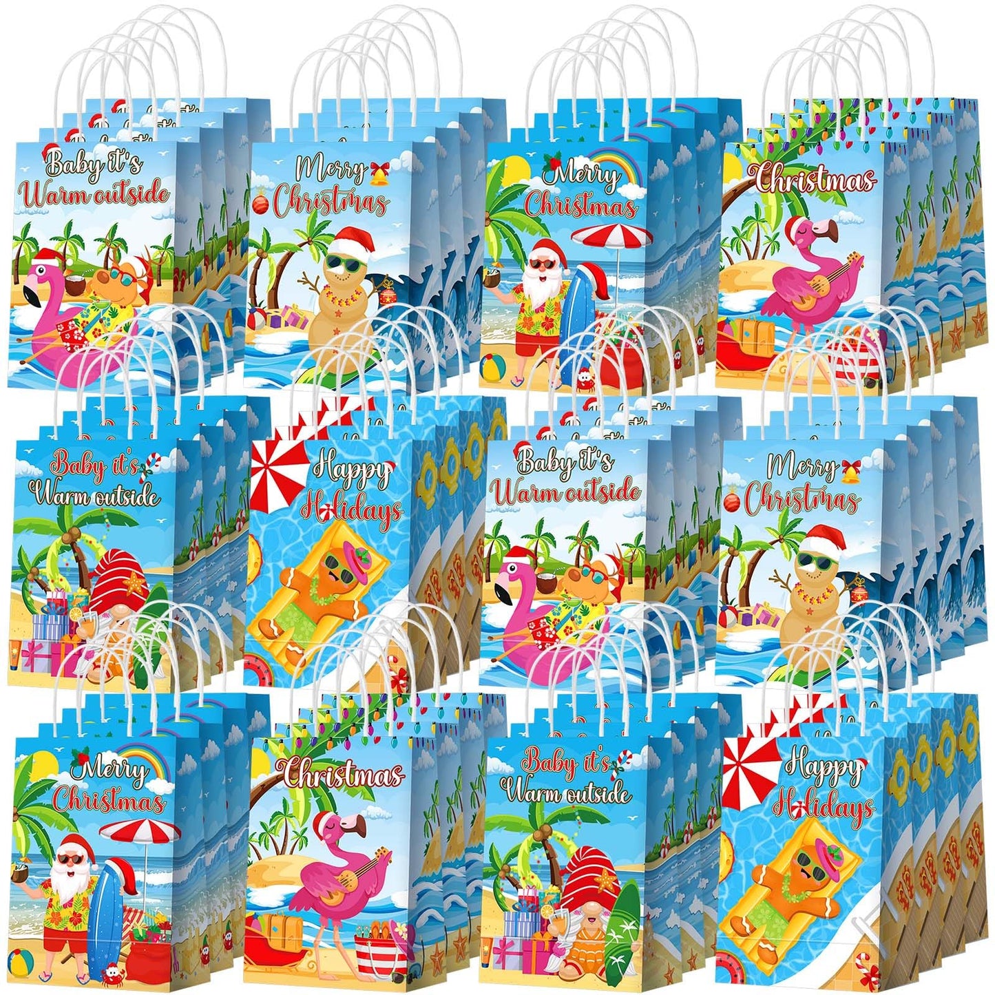 Kolldenn 48 Pcs Hawaiian Christmas Goodie Bags Summer Christmas Party Favor Bag Xmas Gift Paper Bags with Handle Tropical Beach Santa Flamingo Candy Treat Pouch for Xmas Pool Birthday Party