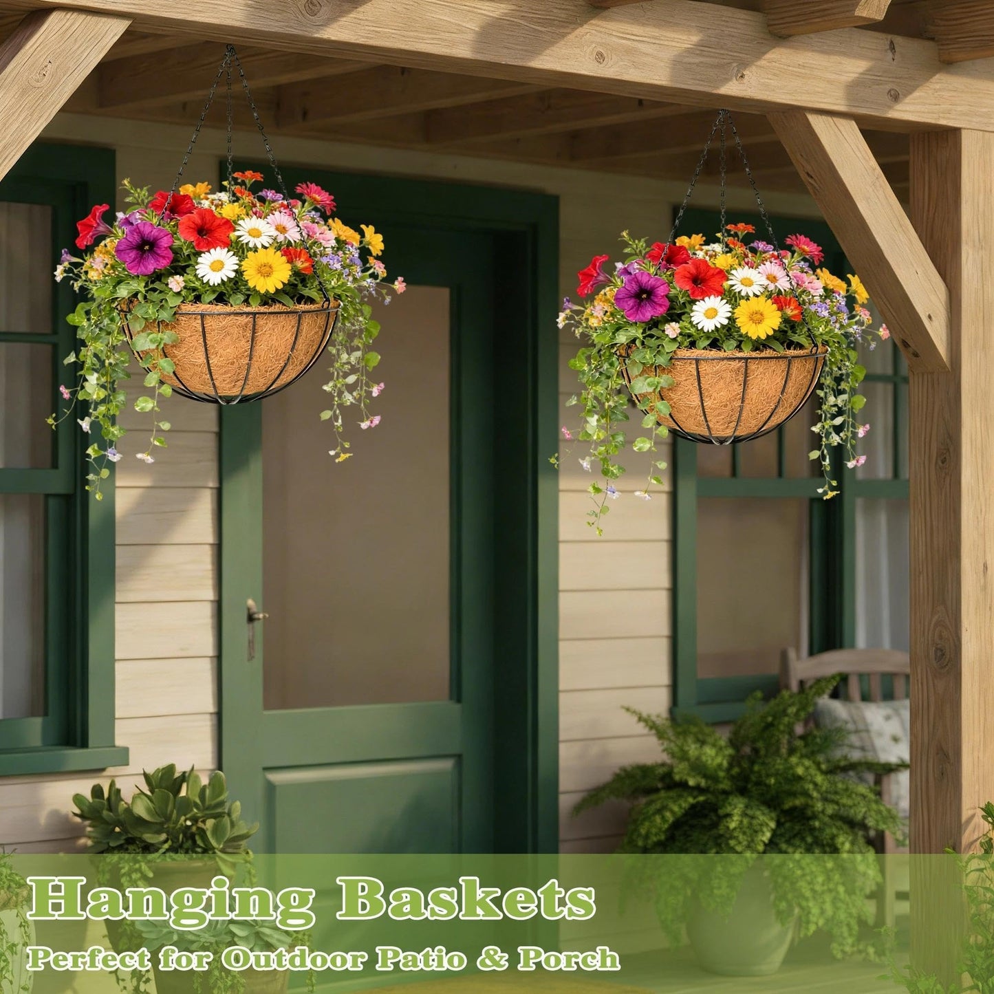 Qusuxi 4 Pack 16 Inch Hanging Planters Outdoor Metal Hanging Flower Baskets with Coco Fiber Liners Chain Round Wire Plant Holder Hanging Flower Pots (Watermelon)