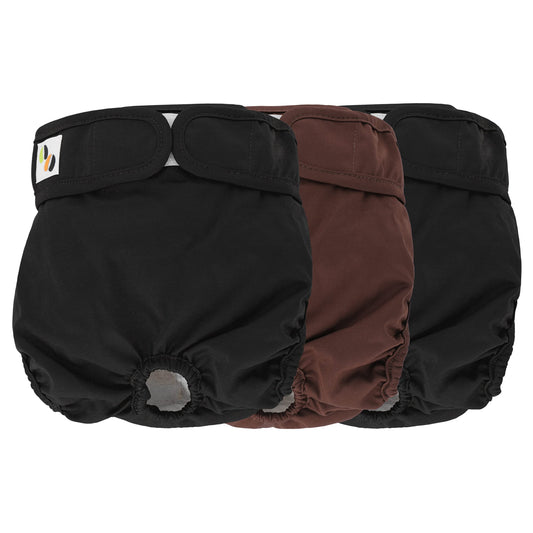 JM Female Dog Nappies - Highly Absorbent, Breathable Dog Nappy with Microfiber Pad & Waterproof Layer - Dog Period Pants Pack of 3, Washable Medium (Fit for 14"- 20" waist) Black & Brown