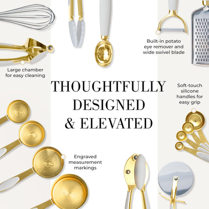 White & Gold Cooking Utensils Set - Luxe 8-Piece Kitchen Gadget Set Includes Can Opener, Tongs and Garlic Press - Stylish White and Gold Kitchen Accessories for Modern Kitchens, Ideal for Gifting