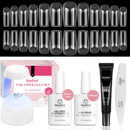 Beetles Gel Nail Kit Short Almond with Nail Dehydrator and Primer, 576Pcs Half Matte Etch-X Gel Nail Tips Solid Nail Glue Mini Nail Lamp Acrylic Nail Tips Easy DIY Nail Extension Set Gift for Women