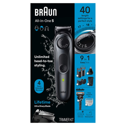 Braun All-in-One Style Kit Series 5 5470, 9-in-1 Trimmer for Men w/Beard Trimmer, Body Trimmer for Manscaping, Gillette Fusion5 ProGlide Razor, 40 Length Settings, Rechargeable Battery, Cordless