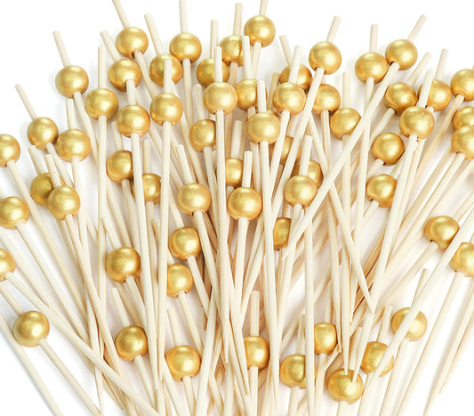 200PCS Cocktail Picks, Fancy Toothpicks for Appetizers, Decorative Bamboo Skewers for Appetizers Drinks Fruit, 4.7 Inch Long Wooden Gold Pearl Food Sticks Charcuterie Boards Accessories Party Supplies