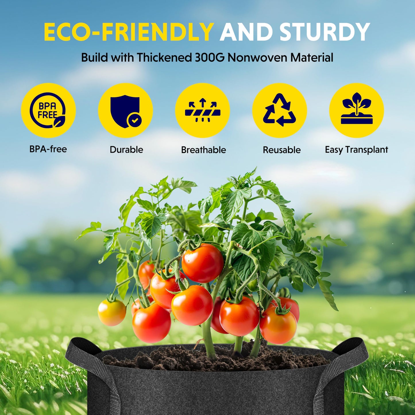 iPower 12-Pack 10 Gallon Grow Bags Heavy Duty Thickened Aeration Nonwoven Fabric Pots with Nylon Handles and 12 Labels for Planting Vegetables, Fruits, Flowers, Black