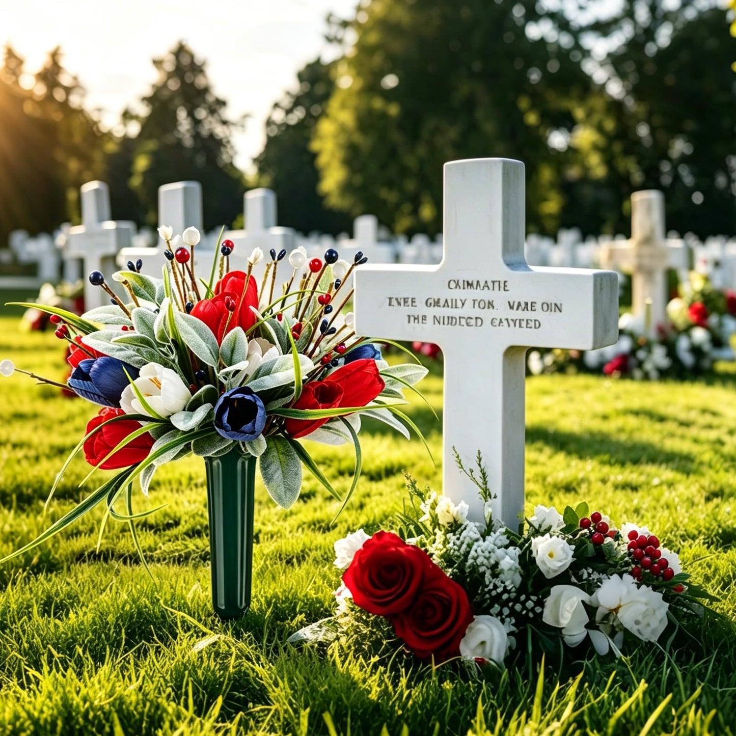 Memorial Day Flowers for Cemetery 2 Sets Artificial Patriotic Cemetery Flowers Red White Blue Roses with Berries & Lamb's Leaves for 250th Anniversary USA 4th of July Memorial Day Grave Outdoor Decor