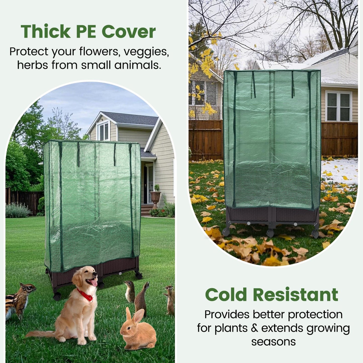 MAYOLIAH 3-in-1 Raised Garden Bed Large Planter Box with Trellis & Cover on Wheels Plastic Tomato Planter with Greenhouse for Deep Rooted & Climbing Plants 31.5x15.7x53-inch Brown