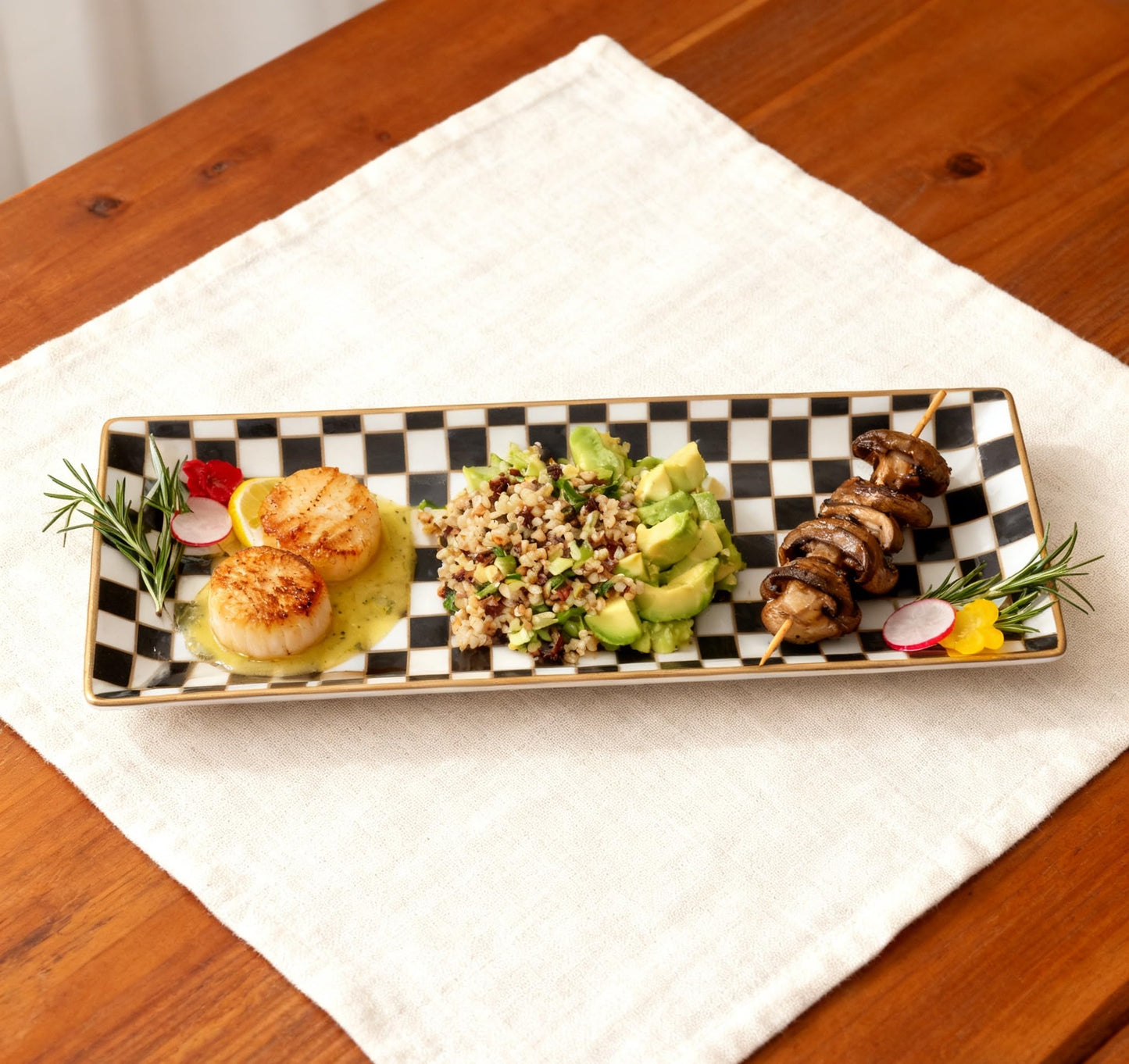 Porlien 14-inch Checker Black and White Rectangle Serving Platters Set of 3 for Party, Wedding and Entertaining, Rectangular Serving Plates, Serving Tray for Dinner, Appetizers and Desserts