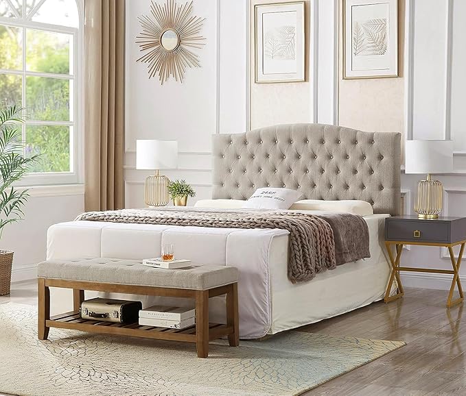 24KF Large Rectangular Upholstered Tufted Linen Fabric Ottoman Bench, Padded