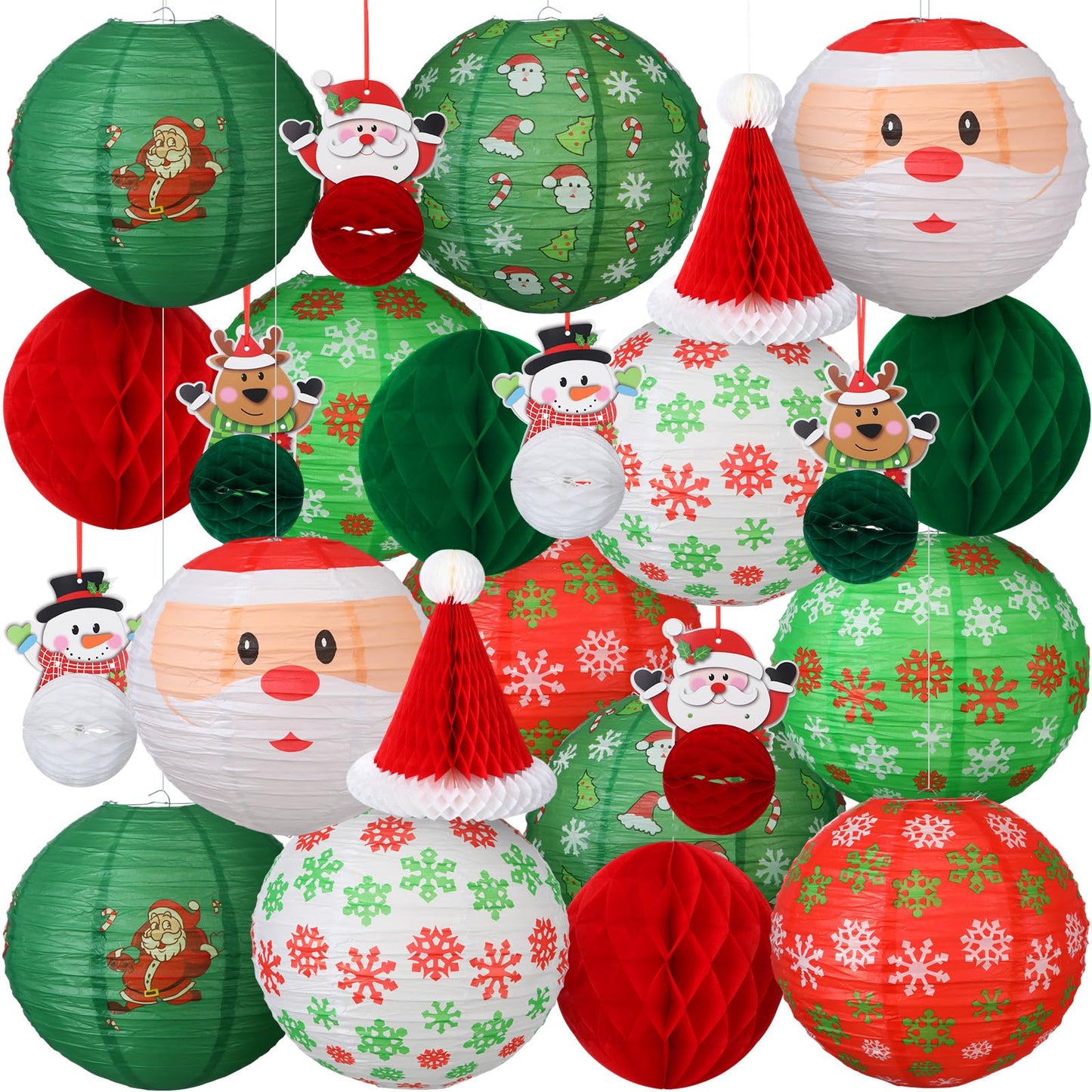 Gersoniel 24 Pcs Christmas Hanging Paper Lanterns Party Decorations Red and Green Christmas Lanterns Garland Set Honeycomb Santa Hat 3D Snowman Reindeer Holiday Xmas Ornaments Home Winter Party Decor